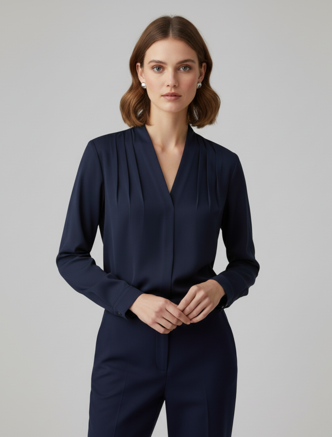 Charlotte Walker | Women's Pleated V-Neck Satin-Look Blouse