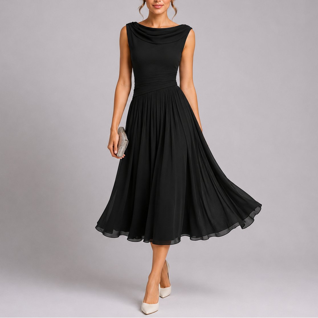 Lorna | Women's Pleated Midi Dress with Draped Neckline