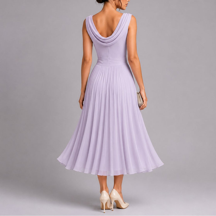 Lorna | Women's Pleated Midi Dress with Draped Neckline