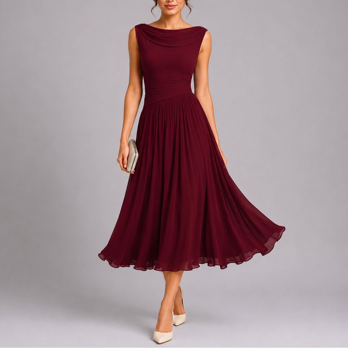 Lorna | Women's Pleated Midi Dress with Draped Neckline