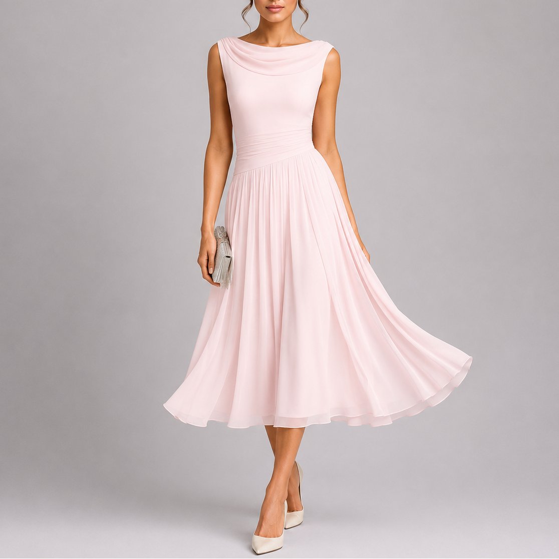 Lorna | Women's Pleated Midi Dress with Draped Neckline