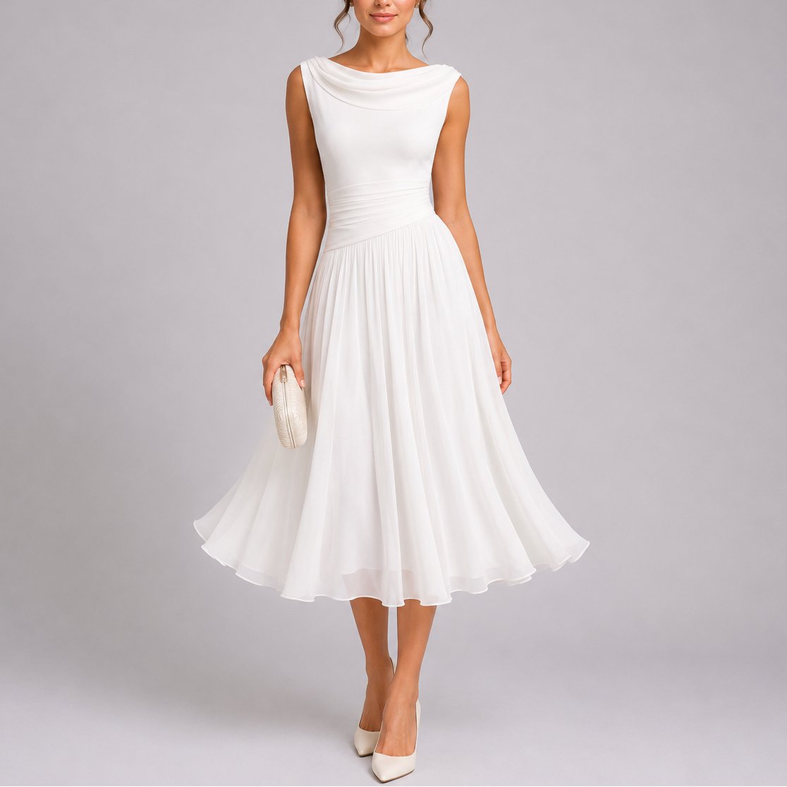 Lorna | Women's Pleated Midi Dress with Draped Neckline