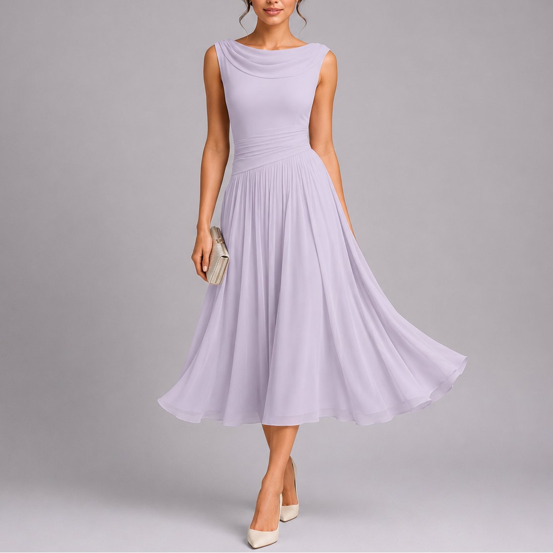Lorna | Women's Pleated Midi Dress with Draped Neckline