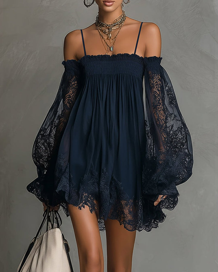 Persephonie | Women's Navy Lace Chiffon Mini Dress