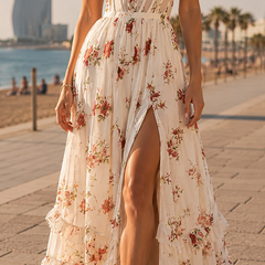 Rosamund | Women's Floral Corset Maxi Dress with Ruffle Hem and Side Split