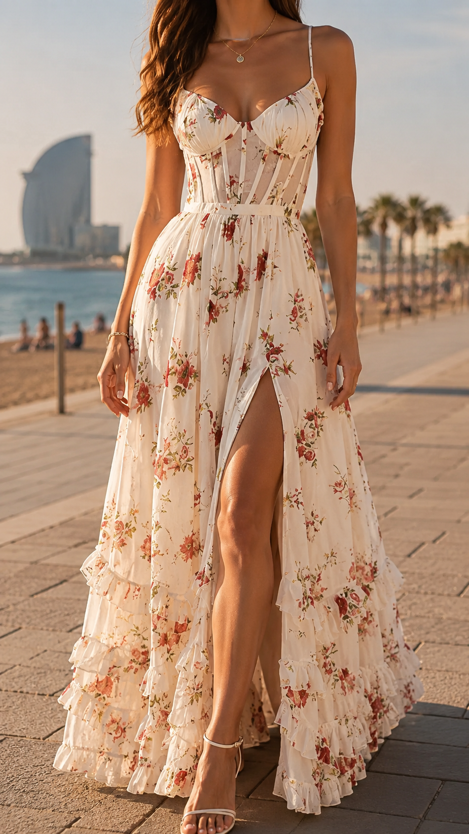 Rosamund | Women's Floral Corset Maxi Dress with Ruffle Hem and Side Split