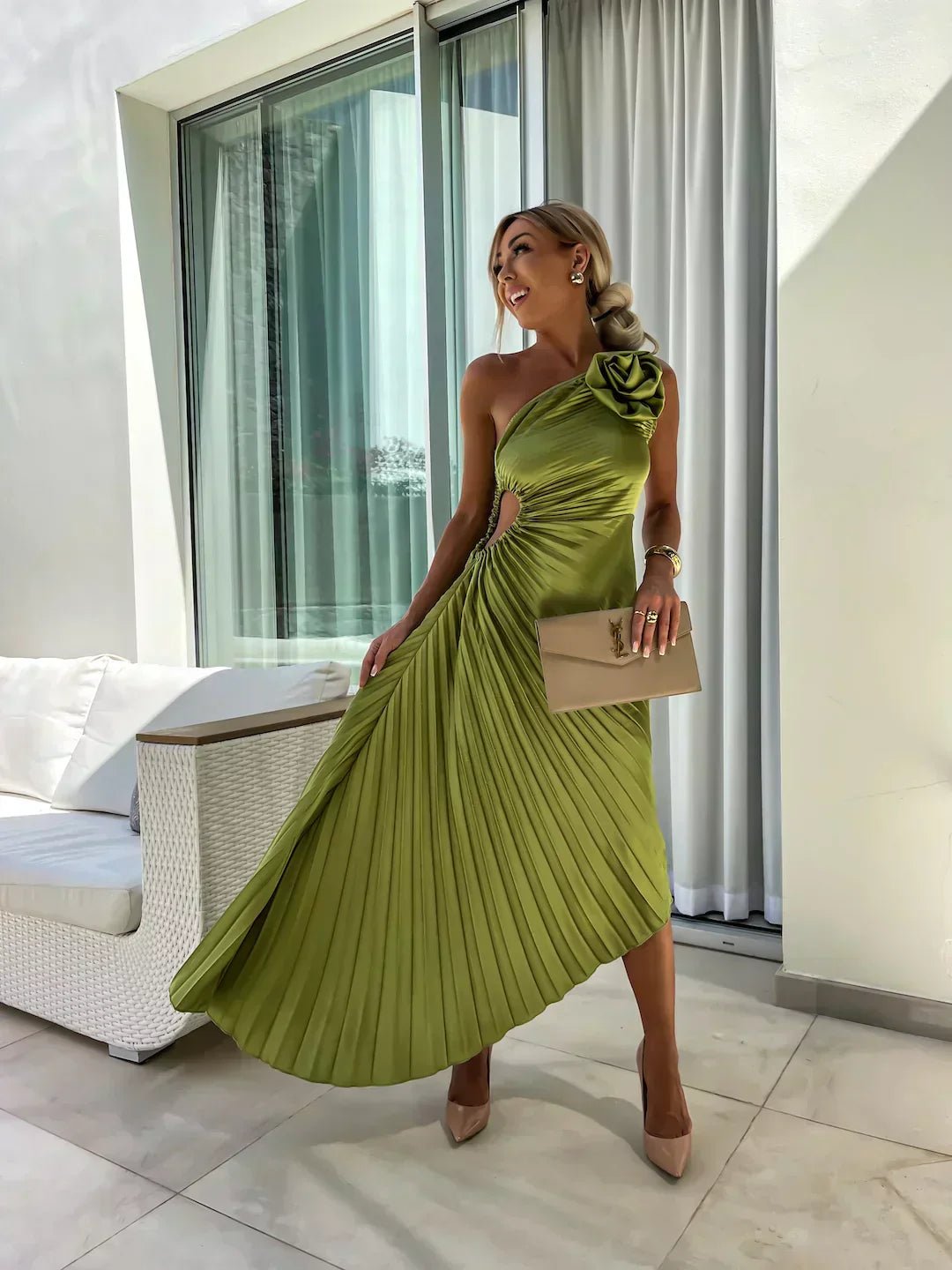 Serena | Christmas Party Dress, One Shoulder Rosette Maxi