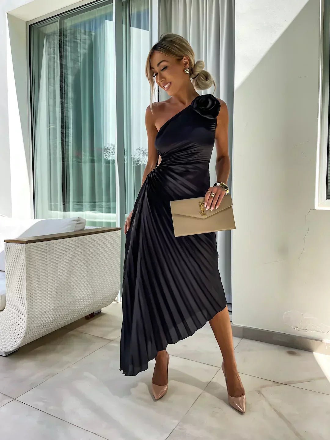 Serena | Christmas Party Dress, One Shoulder Rosette Maxi