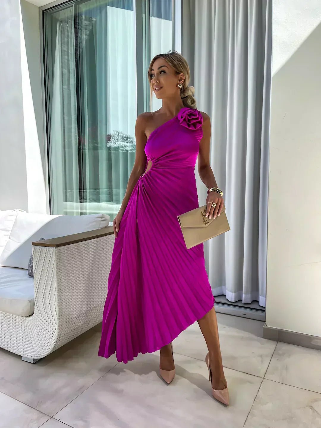 Serena | Christmas Party Dress, One Shoulder Rosette Maxi