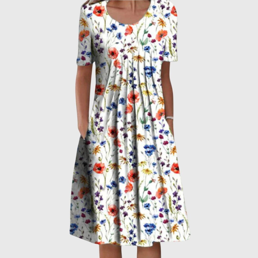 Tosha | Women's Floral Round Neck Dress in Red and Yellow Florals
