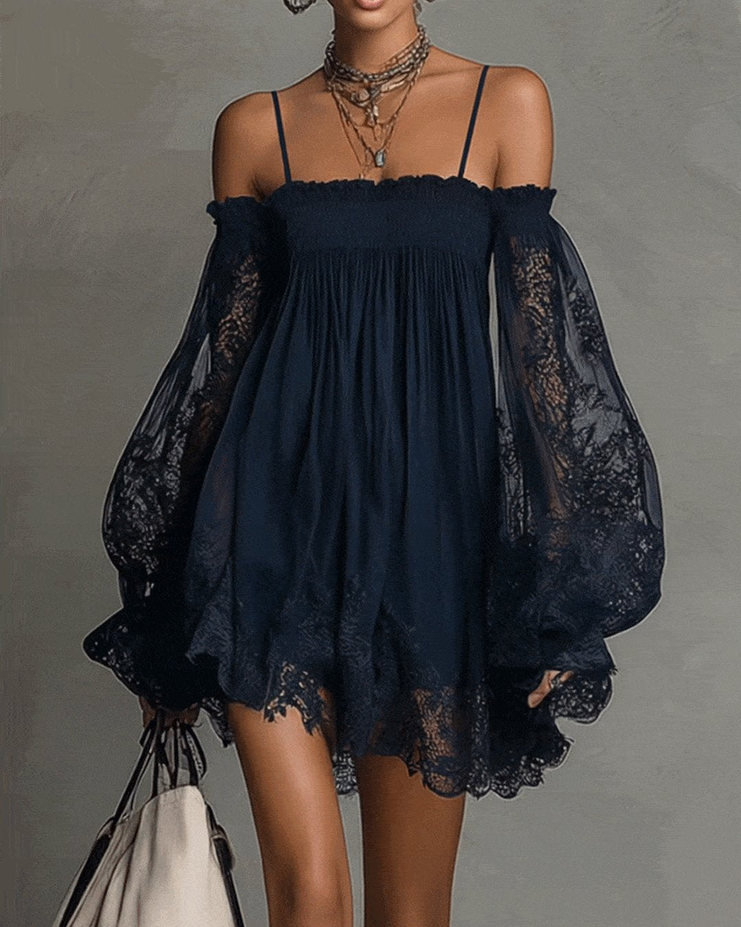 Persephonie | Women's Navy Lace Chiffon Mini Dress