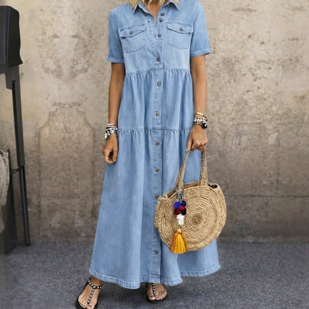 Gerda | Women's Sky Blue Button-Front Midi Shirt Dress