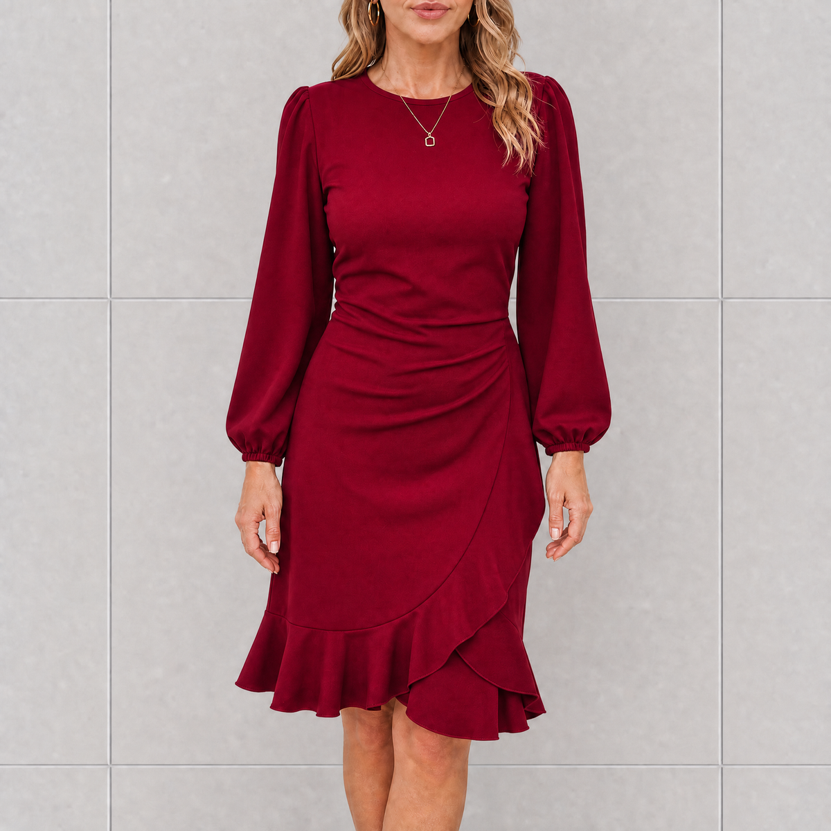 Saskia | Christmas Party Dress, Puff Sleeve Ruffle Hem