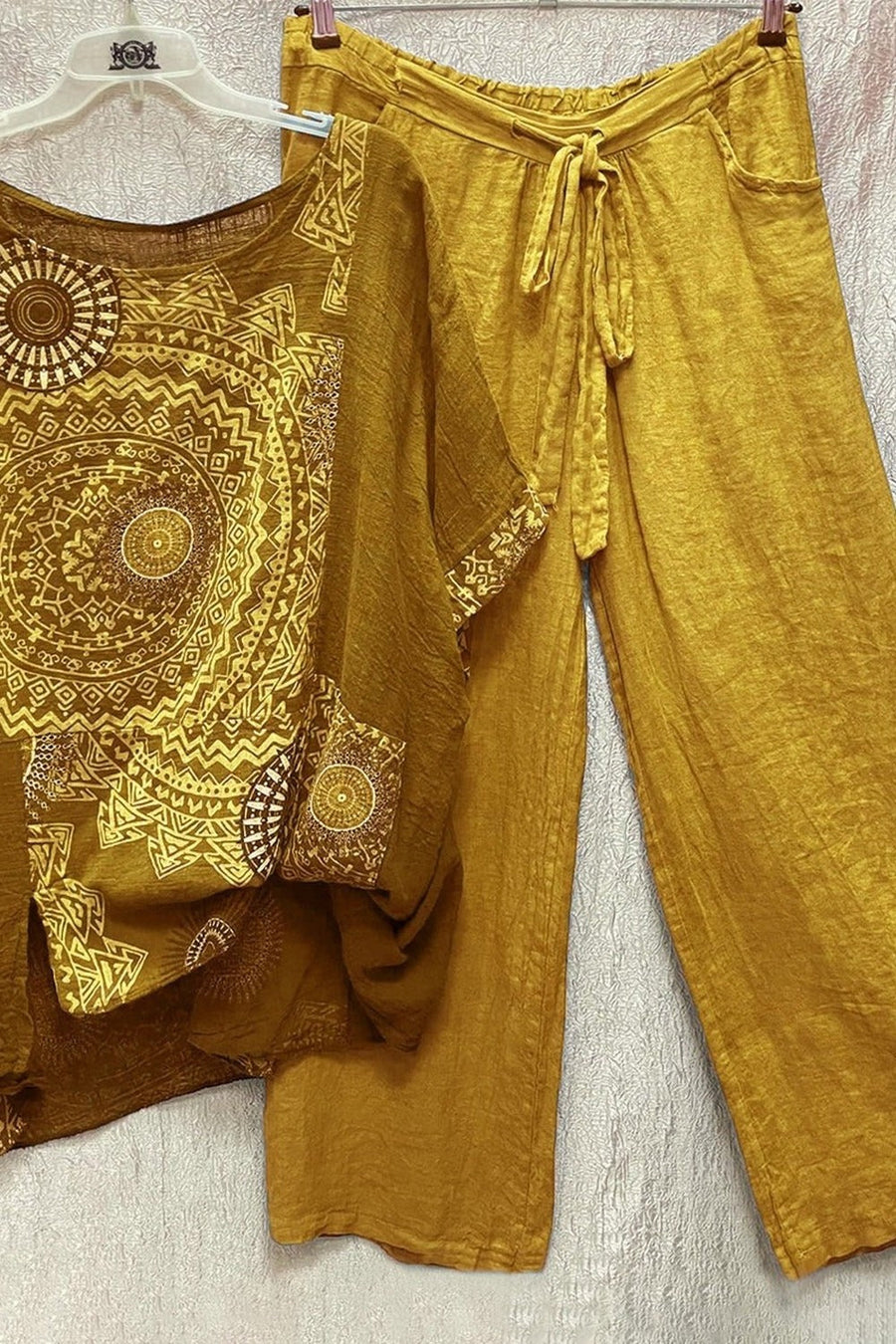 Calla | Linen Matching Set for Women, Printed Top and Drawstring Wide Leg Pants