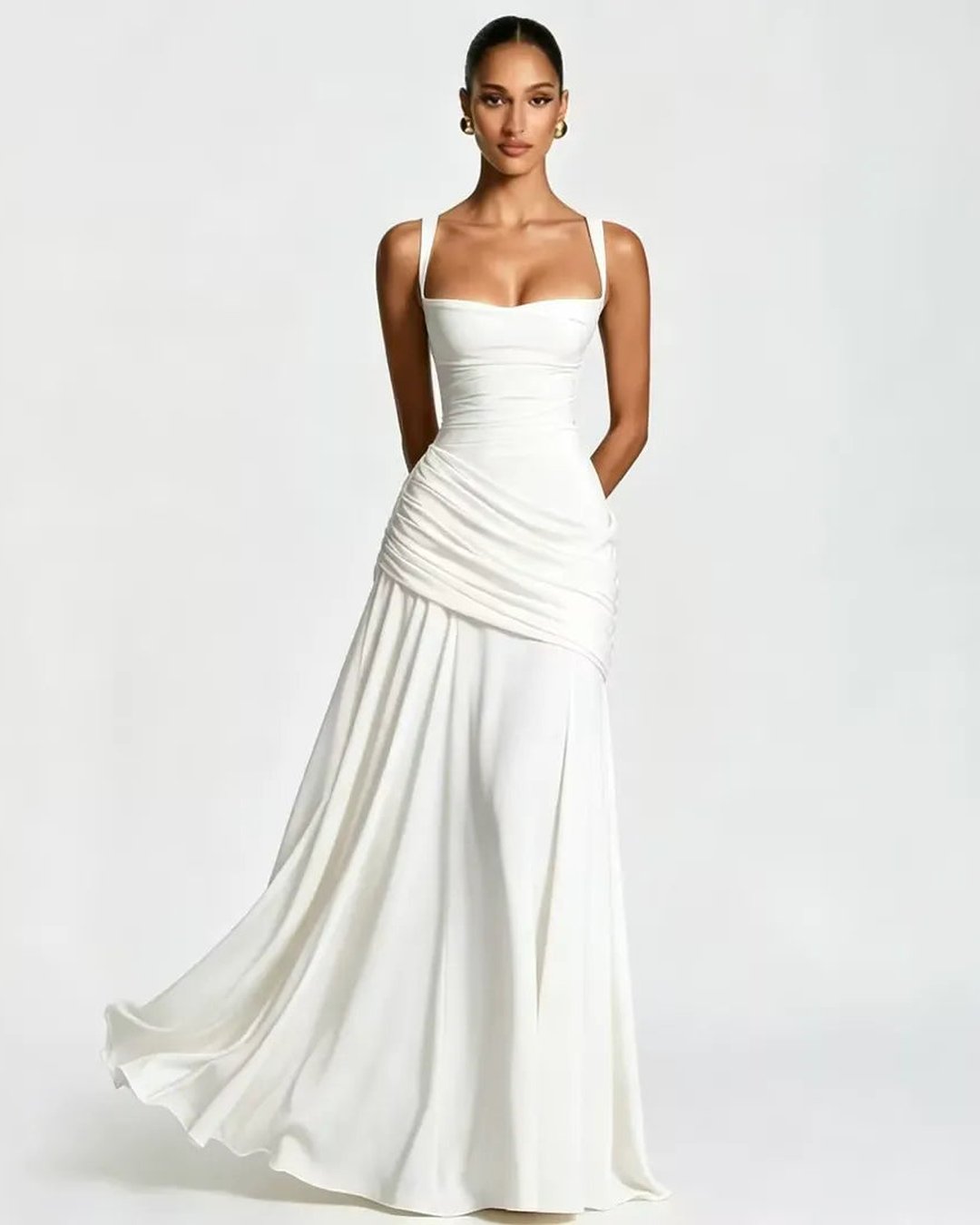 Phoebe | Women's Ruched Square Neck Maxi Dress in Golden Yellow