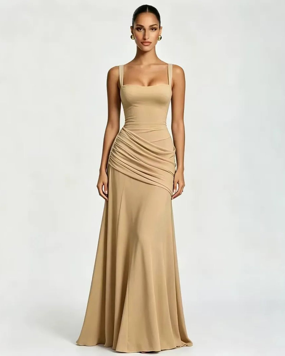 Phoebe | Women's Ruched Square Neck Maxi Dress in Golden Yellow