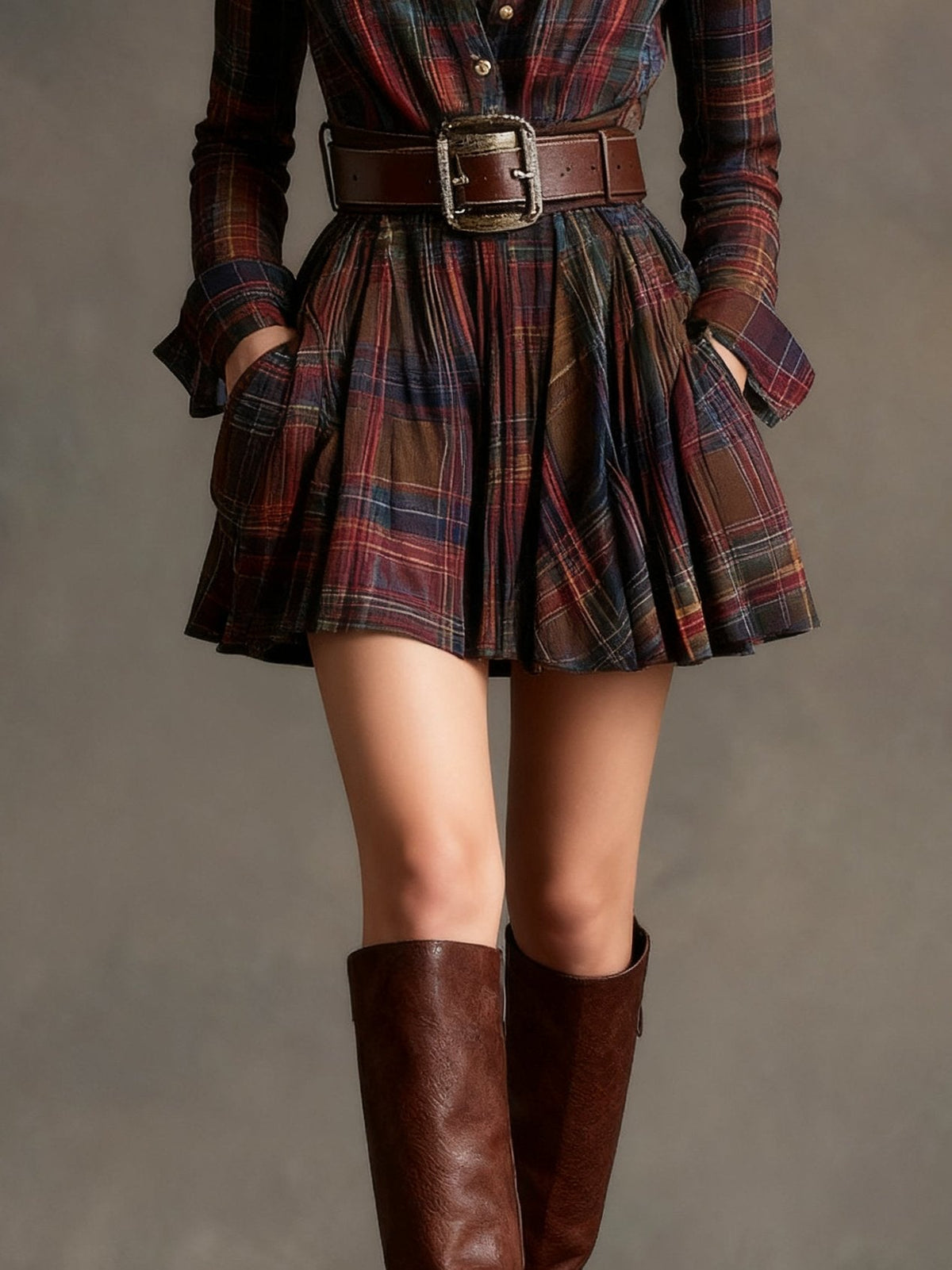 Vincentina | Women's Checked Mini Dress in Red-Brown, Green and Blue