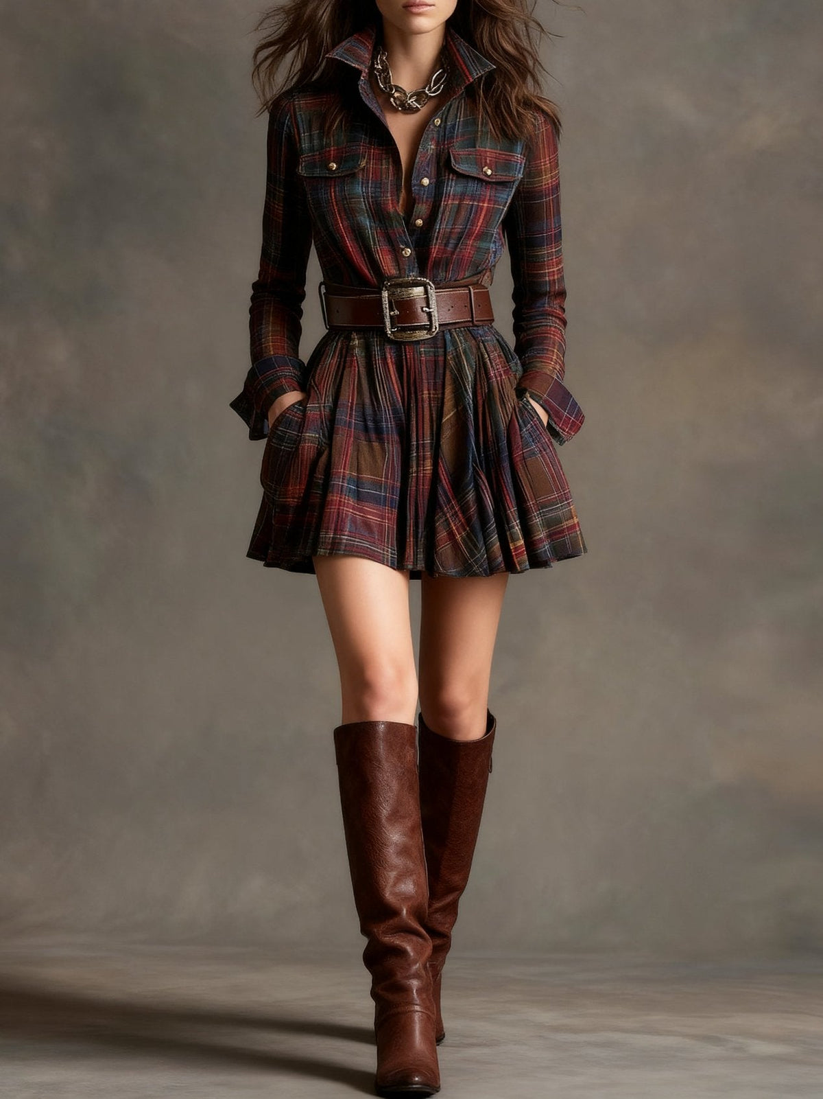 Vincentina | Women's Checked Mini Dress in Red-Brown, Green and Blue