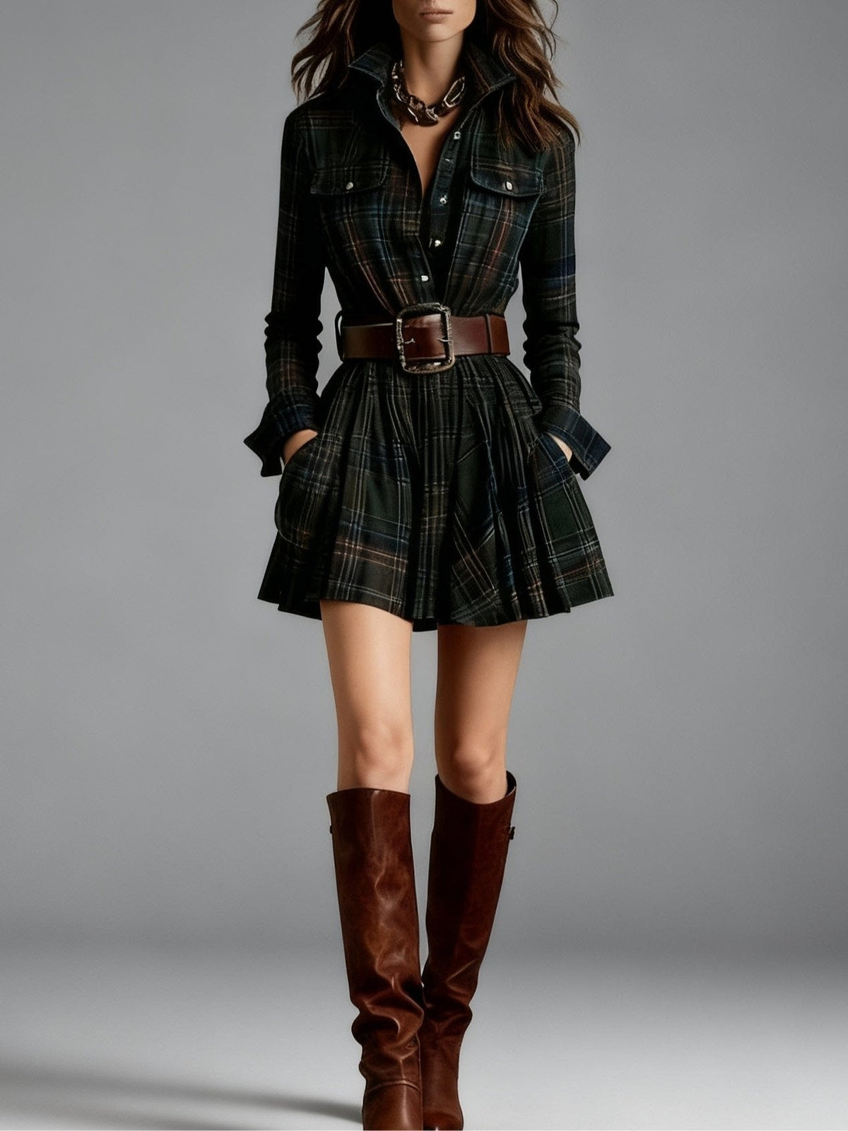 Vincentina | Women's Checked Mini Dress in Red-Brown, Green and Blue