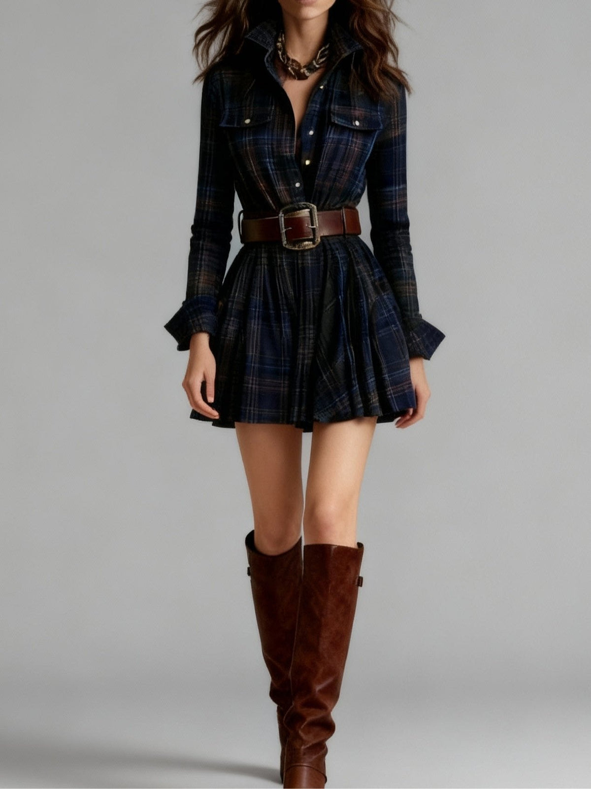 Vincentina | Women's Checked Mini Dress in Red-Brown, Green and Blue
