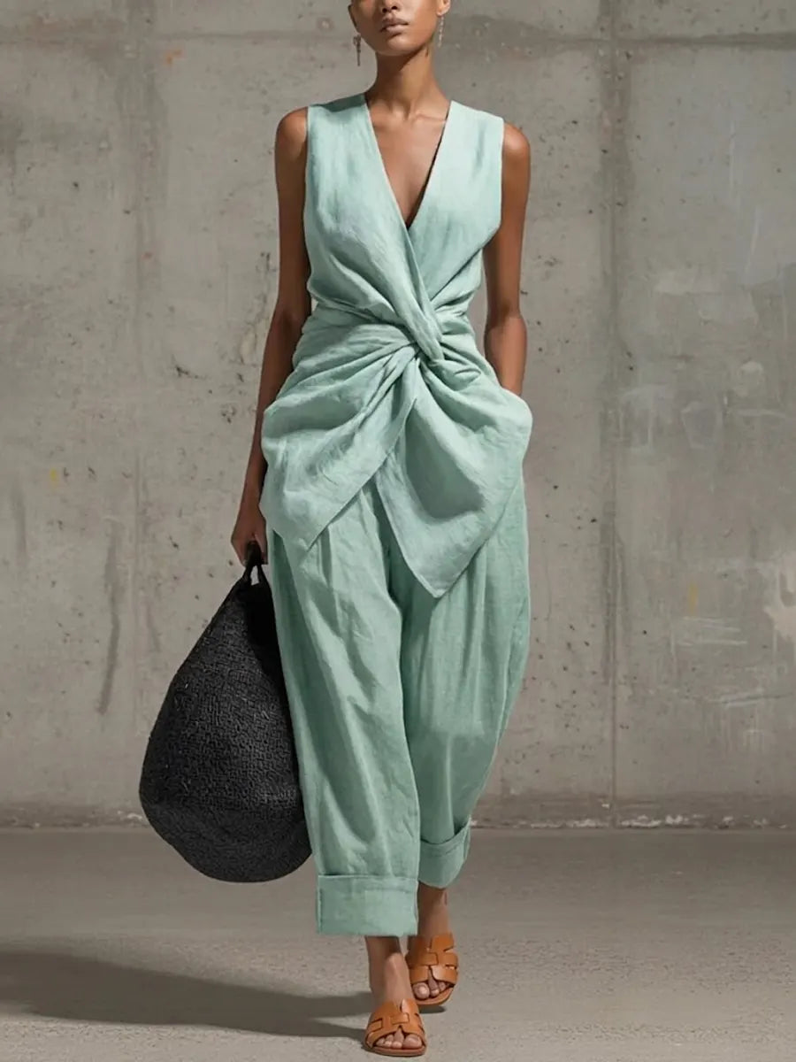 Briony | Linen Two Piece Set for Women, Sleeveless Wrap Top and Wide Leg Pants