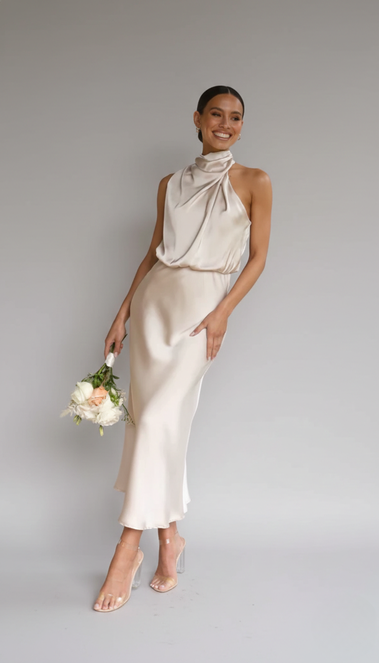 Genevieve | Christmas Party Dress, Cowl Halter Neck Midi