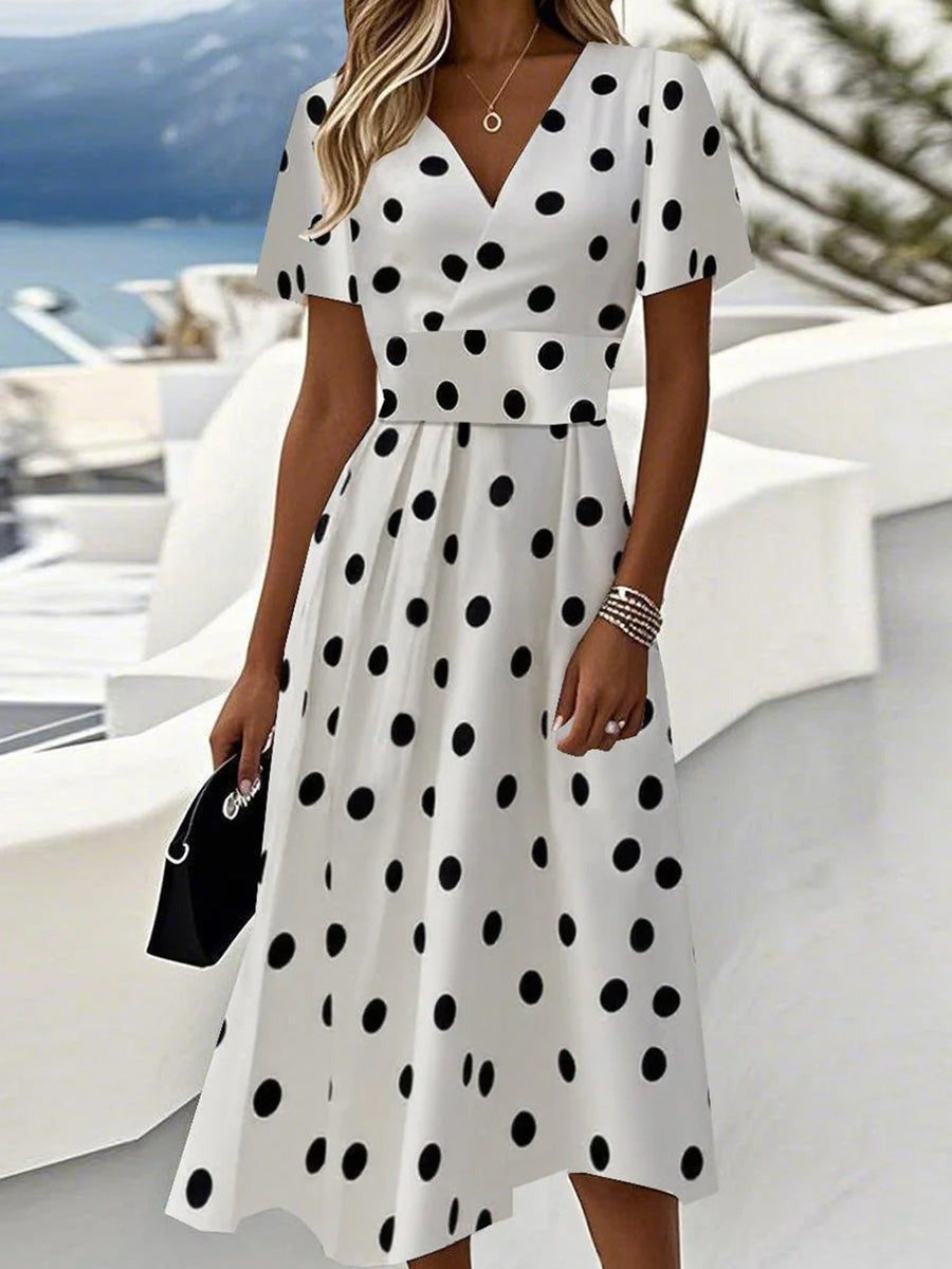 Lisa | Women's Polka Dot V-Neck Short Sleeve Midi Dress