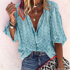 Marguerite | Women's Sheer Printed Collared Button-Down Blouse