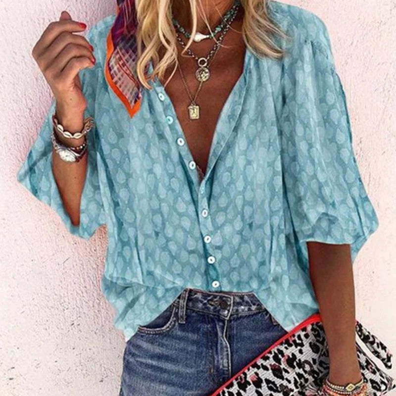 Marguerite | Women's Sheer Printed Collared Button-Down Blouse