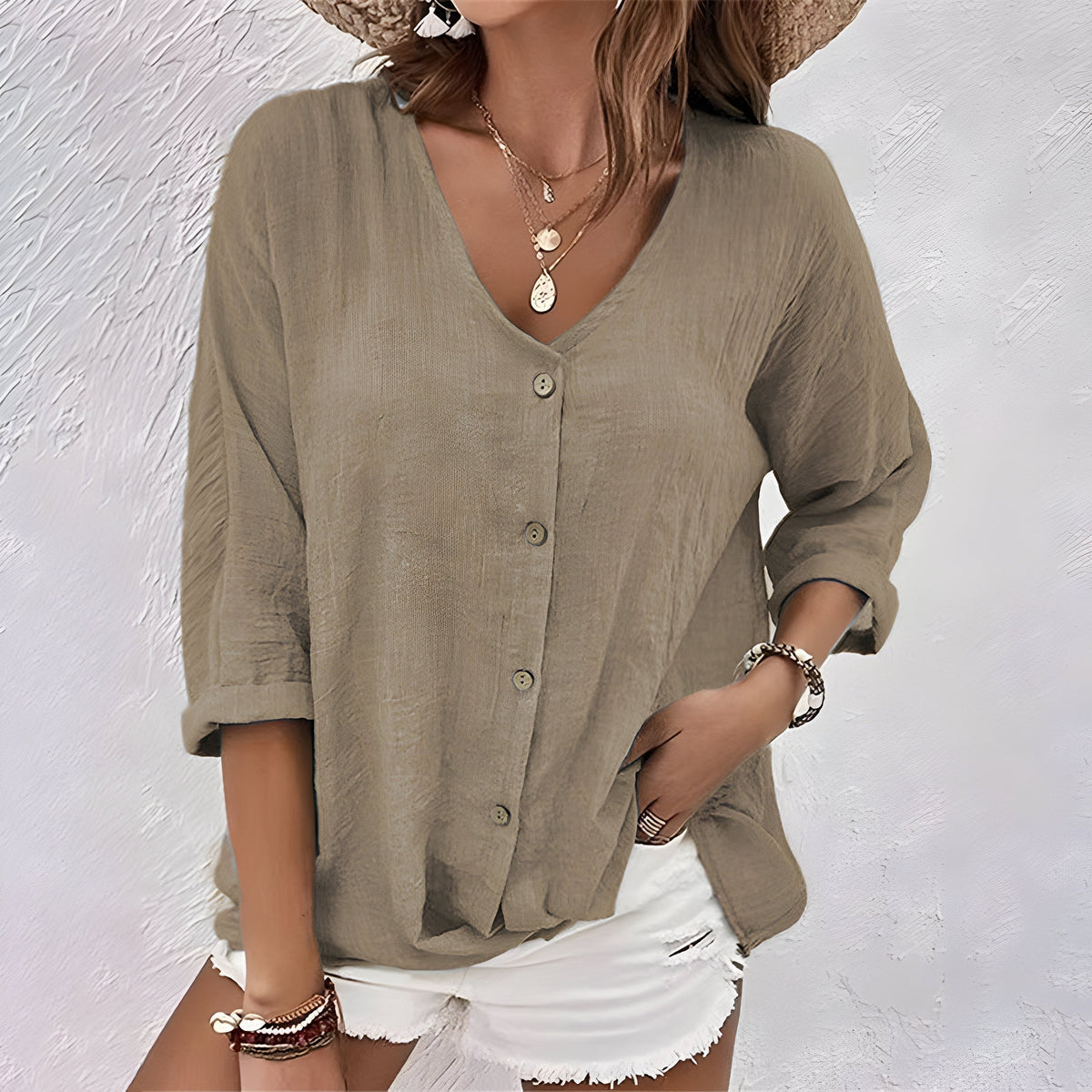 Amelia | Women's V-Neck Button-Front Roll Sleeve Blouse
