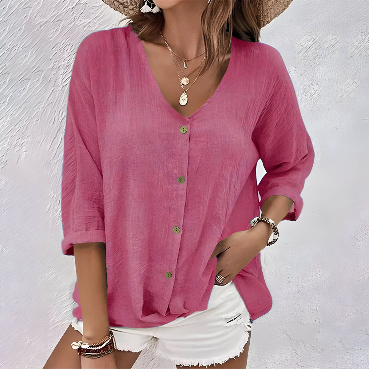 Amelia | Women's V-Neck Button-Front Roll Sleeve Blouse