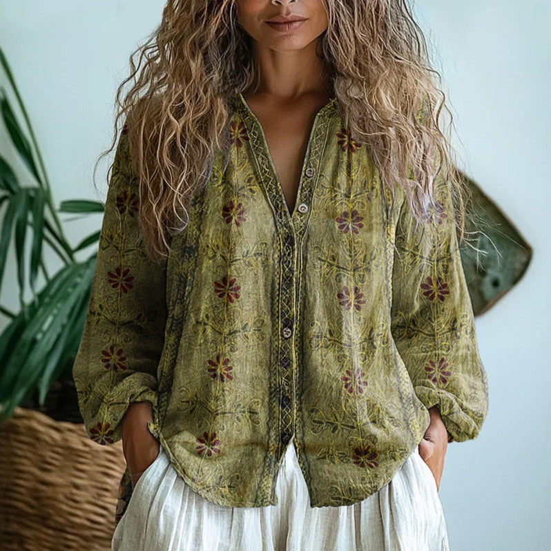 Sophia | Women's Retro Floral Button-Front Blouse