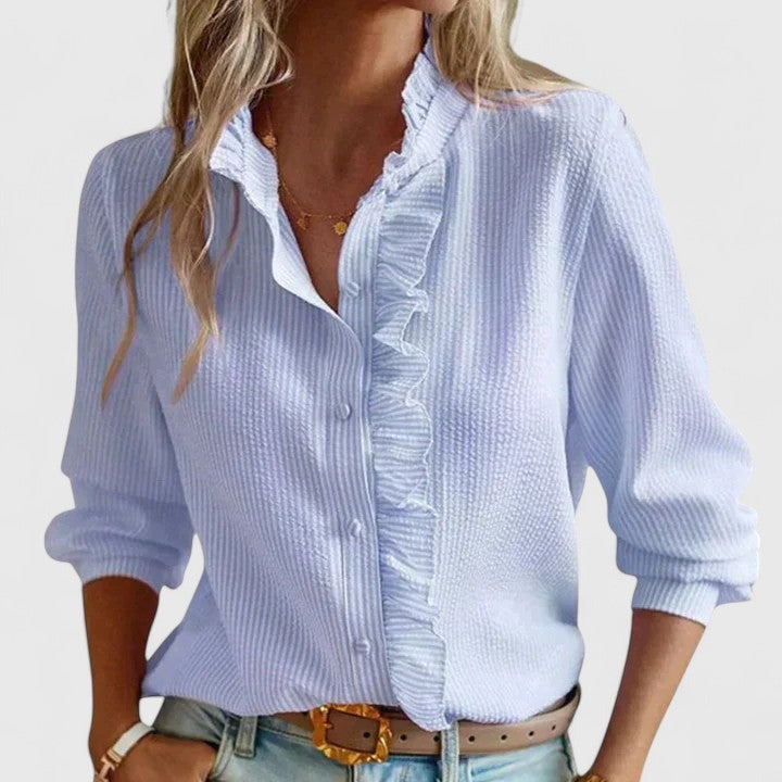 Clara | Women's Ruffle Trim Button-Down Stand Collar Blouse