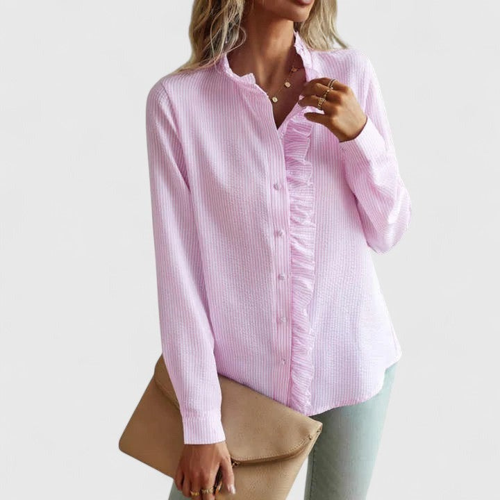 Clara | Women's Ruffle Trim Button-Down Stand Collar Blouse