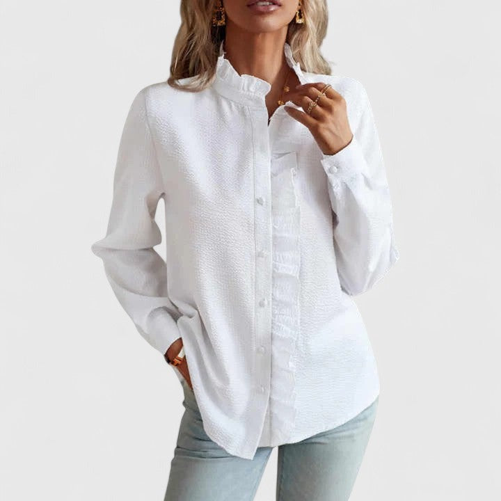 Clara | Women's Ruffle Trim Button-Down Stand Collar Blouse