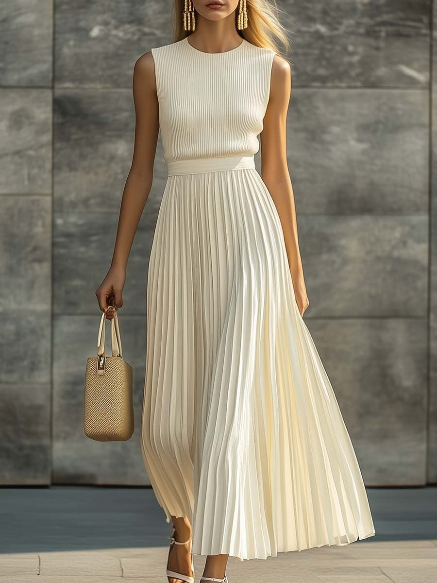 Vivy | Women's Sleeveless Knit Bodice Pleated Chiffon Maxi Dress