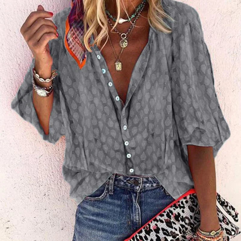 Marguerite | Women's Sheer Printed Collared Button-Down Blouse