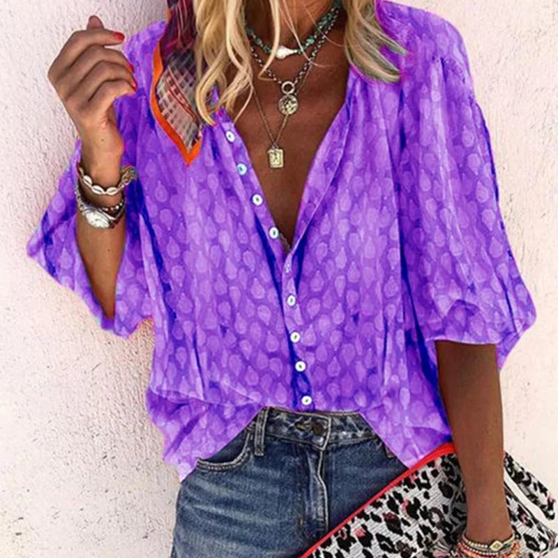 Marguerite | Women's Sheer Printed Collared Button-Down Blouse