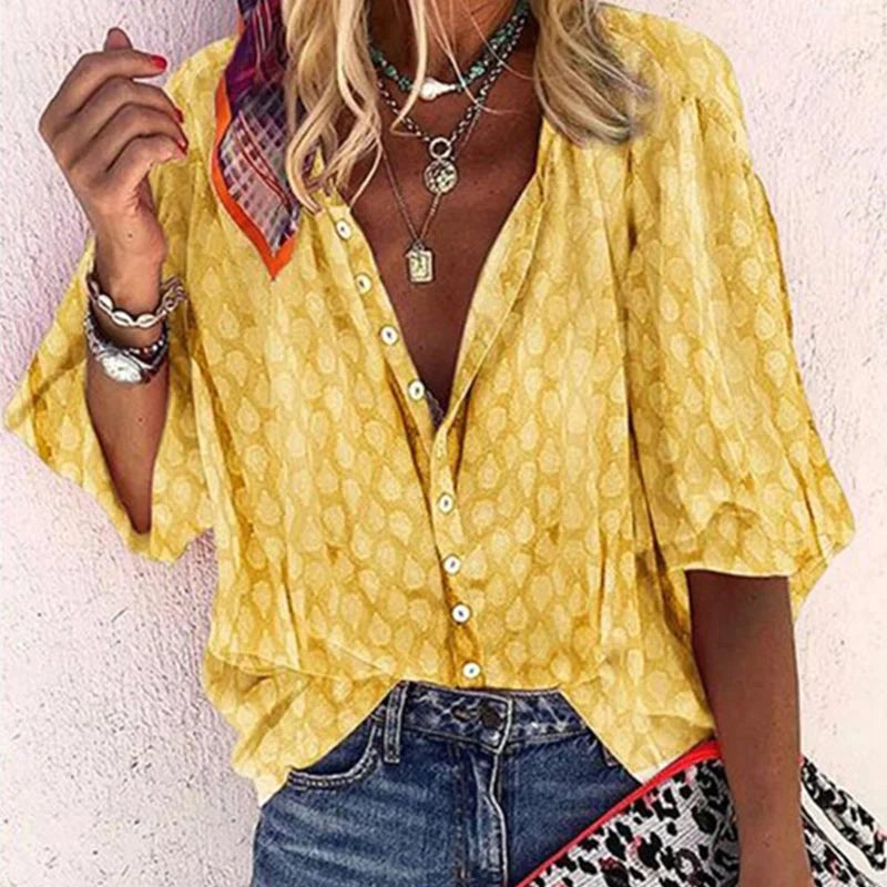 Marguerite | Women's Sheer Printed Collared Button-Down Blouse