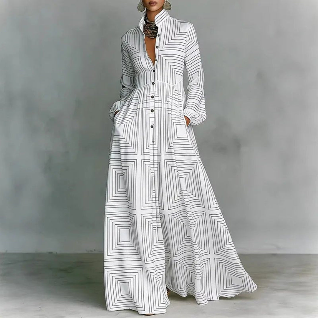 Nell | Women's Boho Print Maxi Dress with Stand Collar and Button Front