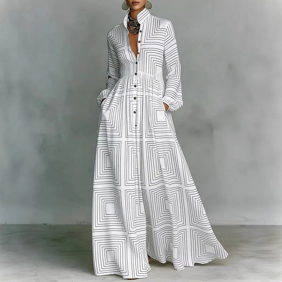 Nell | Women's Boho Print Maxi Dress with Stand Collar and Button Front