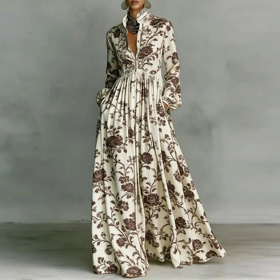 Nell | Women's Boho Print Maxi Dress with Stand Collar