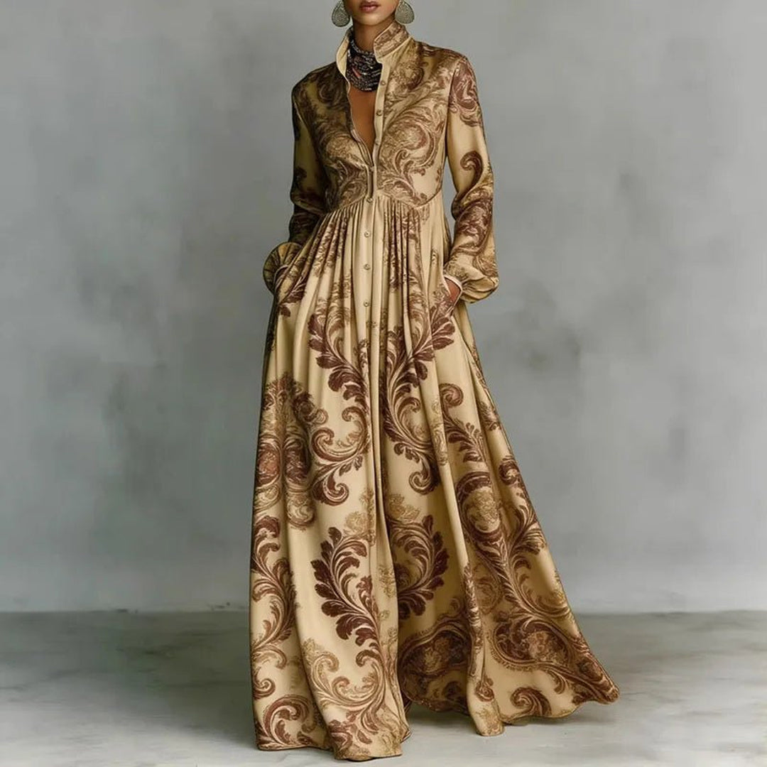 Nell | Women's Boho Print Maxi Dress with Stand Collar