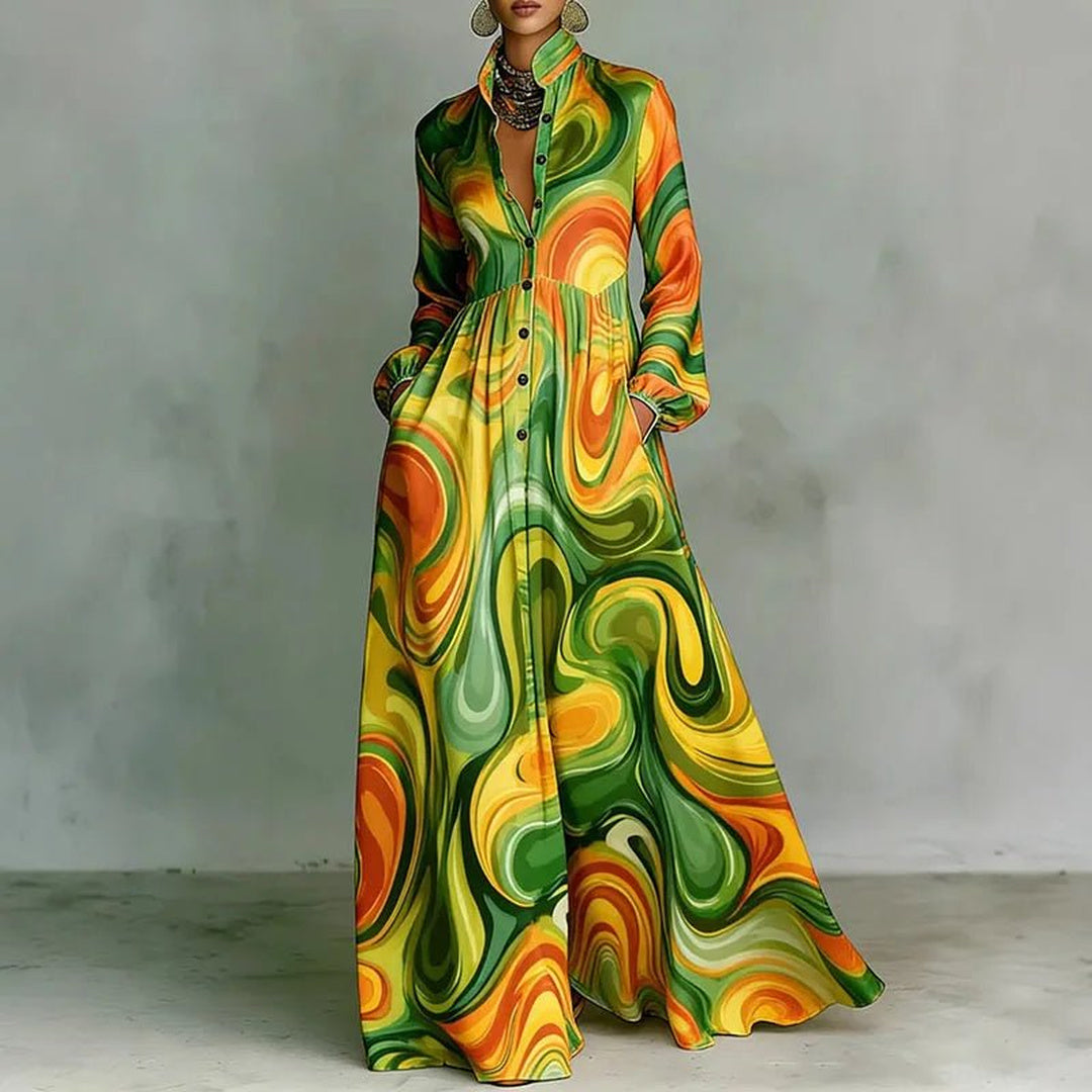 Nell | Women's Boho Print Maxi Dress with Stand Collar