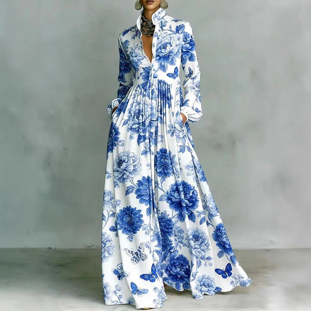 Nell | Women's Boho Print Maxi Dress with Stand Collar