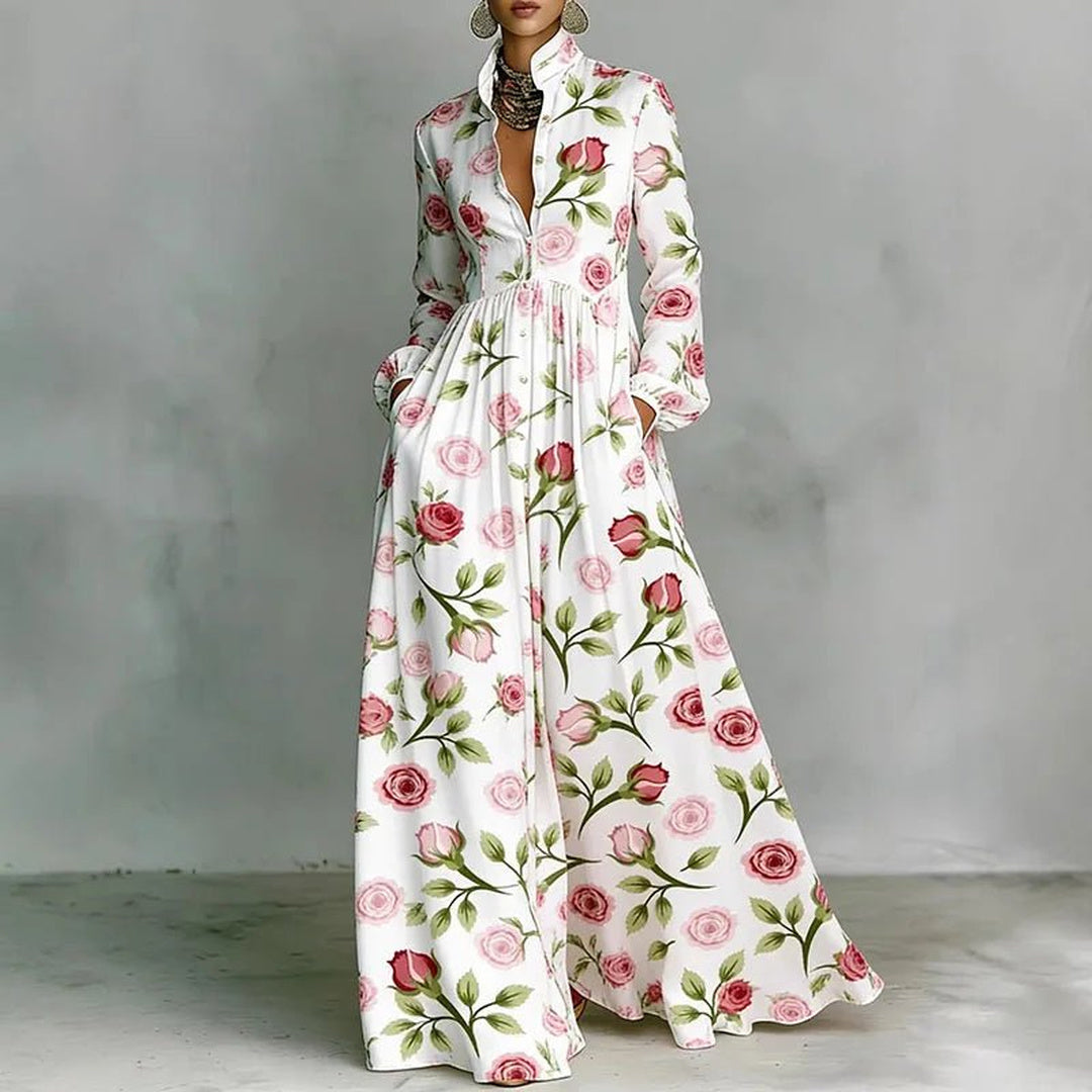 Nell | Women's Boho Print Maxi Dress with Stand Collar