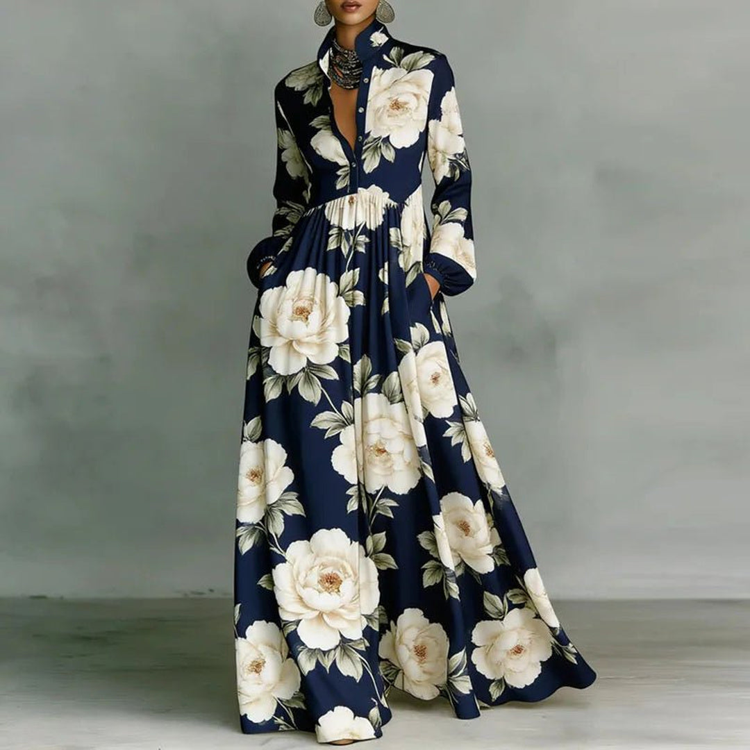 Nell | Women's Boho Print Maxi Dress with Stand Collar