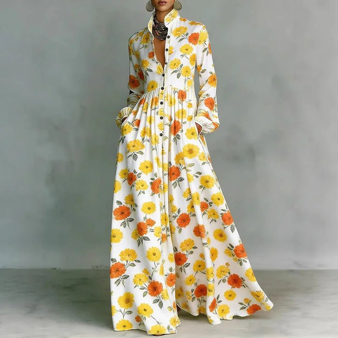 Nell | Women's Boho Print Maxi Dress with Stand Collar